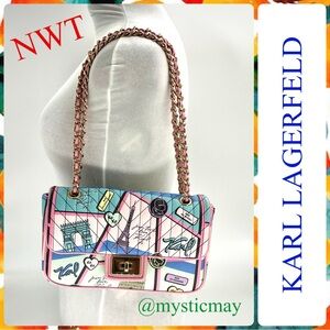 New KARL LAGERFELD Agyness Blush Pink Paris Landmark Print Shoulder Bag Purse